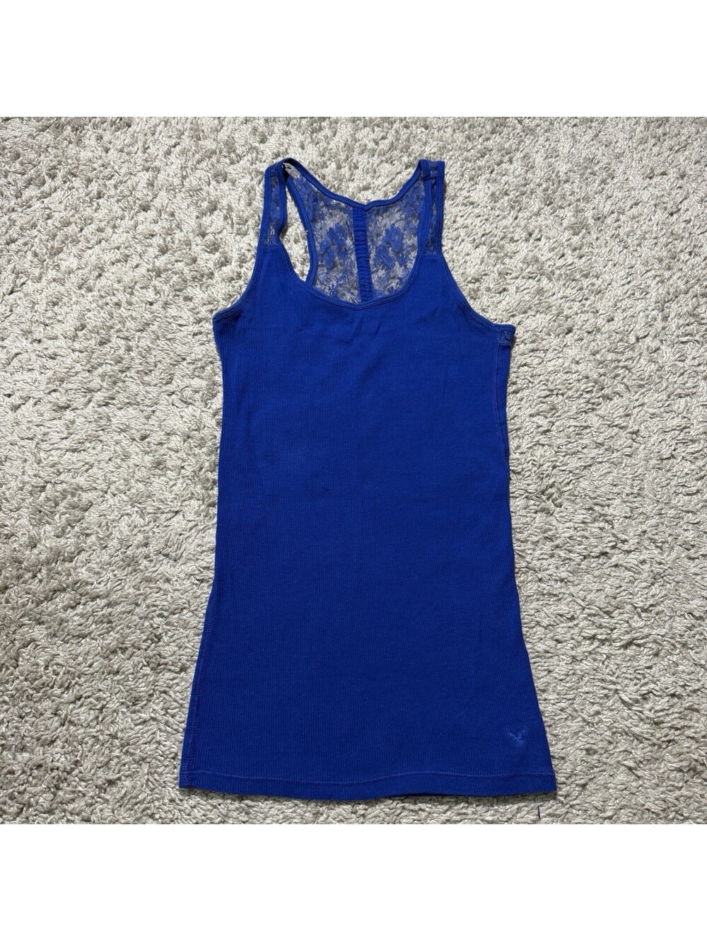 American Eagle Y2K Womens Small Blue Ribbed Lace Back Tank Bella Fairy Coquette